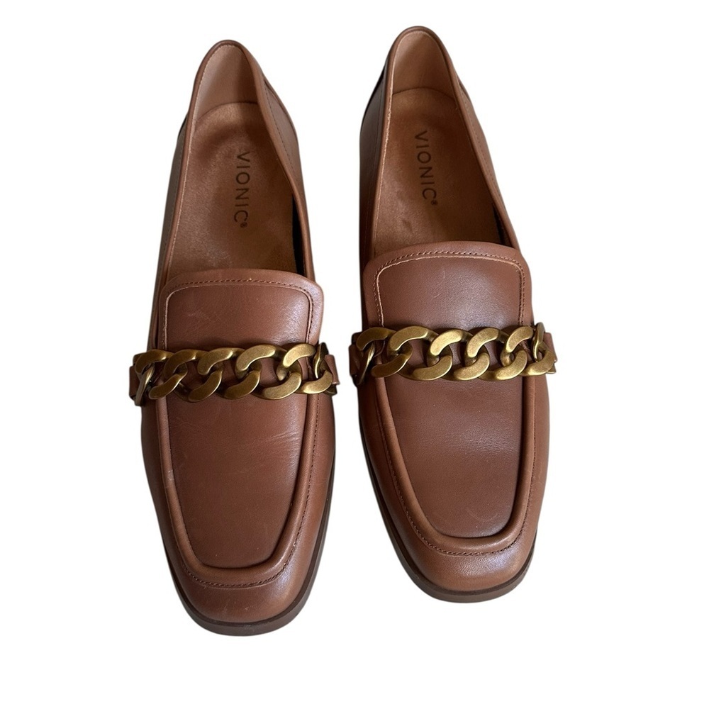 Vionic Brown Leather Chain-Accent Loafers